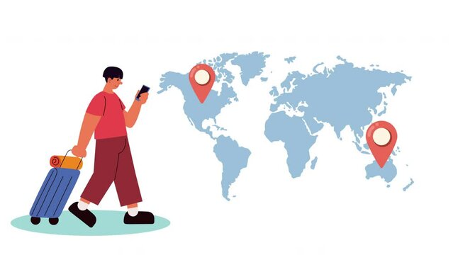 male traveler with suitcase and world maps