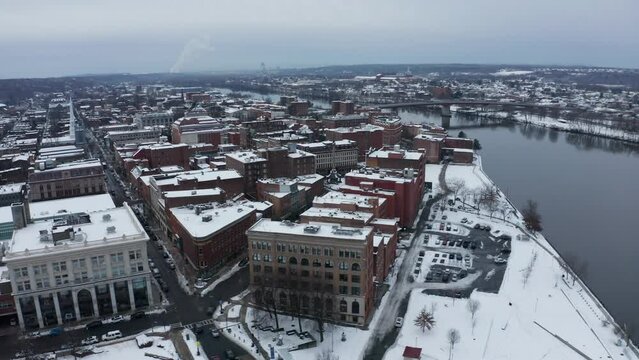 Aerial shot of Hudson River and the town of Tory, New York in winter.