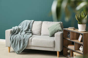 Grey sofa with plaid and shelving unit near green wall