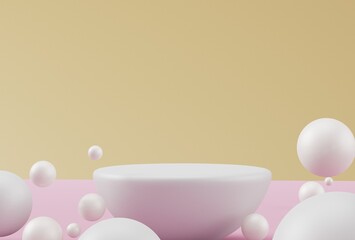 Product podium scene with flying falling white gift box with gold bow.3d illustration.