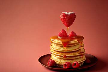 Fluffy pancake stack topped with syrup and embellished with raspberries and red glitter pepper hearts. For Saint Valentine's Day, a homemade gift. Light peach background color. Copy space. Generative