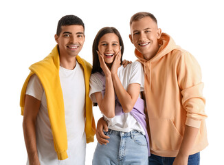 Young woman with her male friends on white background