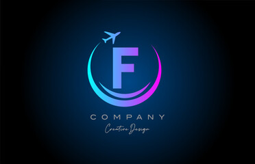 Obraz premium blue pink F alphabet letter logo with plane for a travel or booking agency. Corporate creative template design for company and business