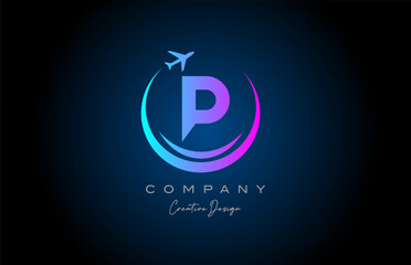 blue pink P alphabet letter logo with plane for a travel or booking agency. Corporate creative template design for company and business