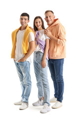 Young woman with her male friends on white background