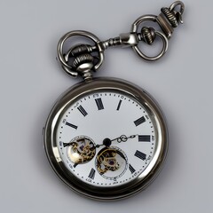 Old silver pocket watch isolated on white background, with cover - generative ai