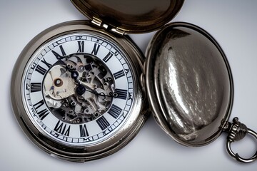 Old silver pocket watch isolated on white background, with cover - generative ai