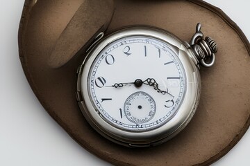 Old silver pocket watch isolated on white background, with cover - generative ai