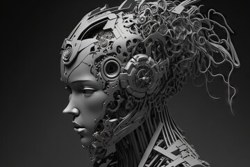 For context Mechanic Cyborg Head Model. Model for sculpture. Hardsurface. High caliber. Generative AI