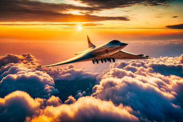 A beautiful futuristic airliner on a sea of clouds at sunset - generative ai

