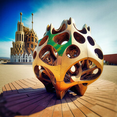 A modern gyroid sculpture with organic architecture in the background - generative AI