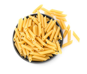 Plate of raw penne pasta on white background