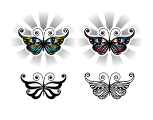 Old school colorful butterfly symbols tattoo. Set with Butterflies isolated vector illustration