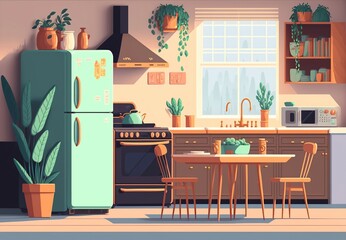 cartoon illustration, kitchen interior with dining table, fridge,chairs and plants, generative ai