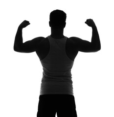 Fototapeta premium Silhouette of sporty young man showing muscles on white background, back view