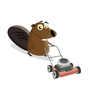 recommend clip art: funny cartoon beaver with a lawnmower
