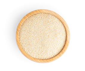 Wooden bowl of amaranth seeds isolated on white background