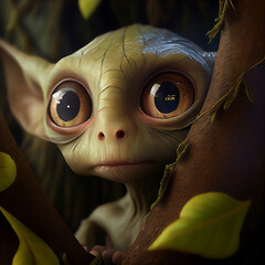 An adorable, cute, big-eyed tree goblin or gargoyle. You will fall in love when you look into their eyes. This is a generative AI photo. - obrazy, fototapety, plakaty