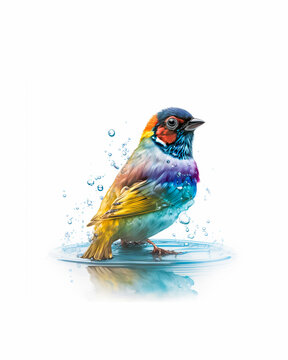 Colorful computer generated cute bird in the water on white background