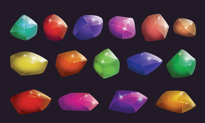 Crystals and natural minerals collection. Cartoon Magic Gemstones set. Game assets. vector illustration