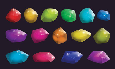 Crystals and natural minerals collection. Cartoon Magic Gemstones set. Game assets. vector illustration