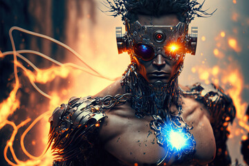 Extreme transmission overload image of cyborg from science fiction with metallic body and laser beam coming out of head. Generative AI