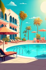 cartoon illustration, outdoor swimming pool in a hotel and sun loungers by the empty pool, ai generative
