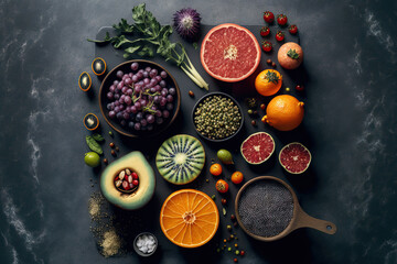 Fototapeta na wymiar Flat lay of various fruits, seeds, and veggies on a gray table. Optimum diet. Generative AI
