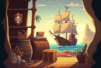 Naklejka premium cartoon illustration, wooden deck of pirate ship board view, ai generative