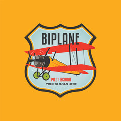 Airplane logo template with retro biplane. Plane badge graphics for tshirt, sticker. Flight brand identity. Stock vector label