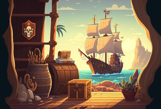 cartoon illustration, wooden deck of pirate ship board view, ai generative