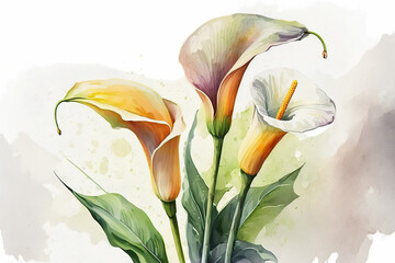 Calla Lily Flowers, Watercolor Illustration, Generative AI