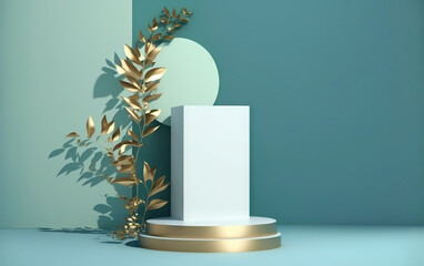 Blue pastel background for beauty products with a podium and a pedestal for product photography. Ideal shapes to highlight the merits of your product or logo. Based on Generative AI