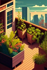 cartoon illustration, urban outdoor rooftop garden, building roof terrace, ai generative