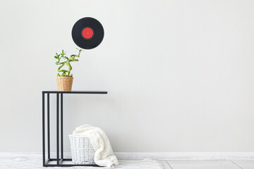 Pot with bamboo plant on table near light wall in room