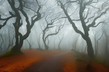 Obraz premium Trail through a mysterious dark old forest in fog. Autumn morning in Crimea. Magical atmosphere. Fairytale - generative ai