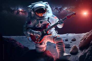 Fototapeta premium Astronaut play guitar on the Moon, Generative AI, Space