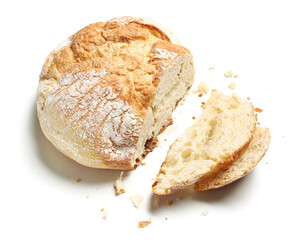 Delicious loaf of sliced bread isolated on white background