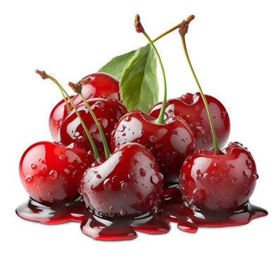 Cherry isolated. Sour cherry with juice. Cherries with leaves. Sour cherries PNG. Cherry set.