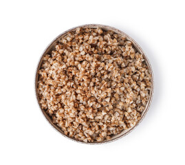 Bowl of tasty buckwheat porridge isolated on white background