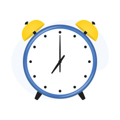 Simple Alarm Clock Design, Flat Blue Yellow Alarm Clock on White Background. Vector illustration.