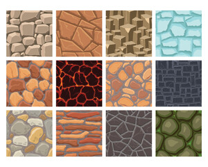 Cartoon game textures, lava, ice, rocks and brick, dirt and ground surface seamless patterns. Game assets walls and environment backgrounds