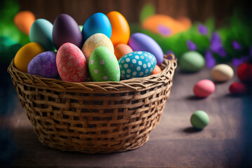 Fototapeta na wymiar A basket filled with colorful Easter Eggs on top of a wooden table. Generative AI.