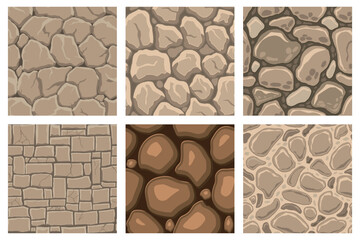 Cartoon game textures, rocks, dirt and ground surface seamless patterns. Game assets walls and environment backgrounds