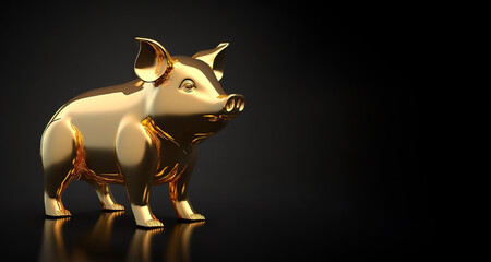 Pig made out of solid gold, golden pig on a dark background. Image created with generative ai