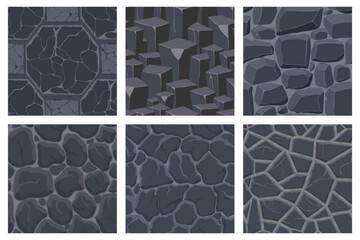 Cartoon game textures, rocks, dirt and ground surface seamless patterns. Game assets walls and environment backgrounds