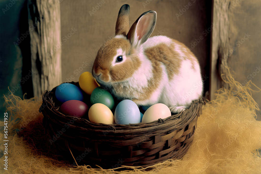 Wall mural a small easter bunny sitting in a basket surrounded by colored easter eggs. generative ai.