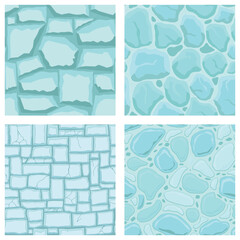 Cartoon game textures, ice surface seamless patterns. Game assets walls and environment backgrounds
