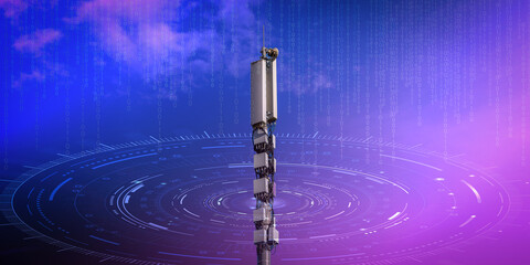 Telecommunication tower with 4G, 5G transmitters. Cellular base station with transmitting antennas on telecommunication tower against abstract technological background.