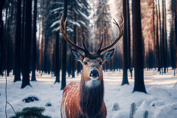 A noble wild deer looking straight at the camera in a winter forest. Generative ai
